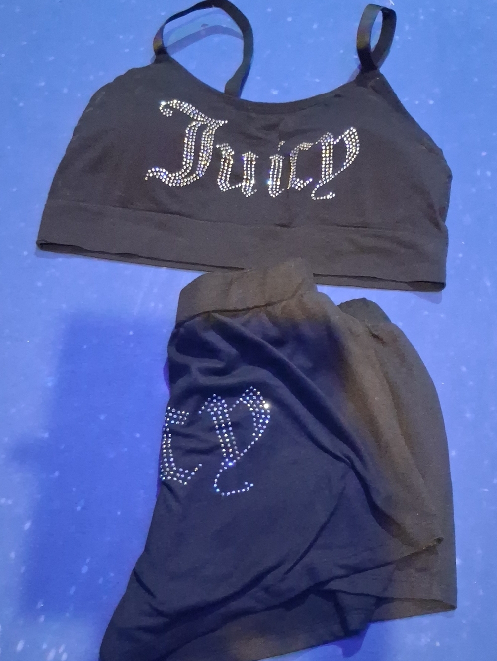 Juicy Couture Black Rhinestone Logo Sports Bra And Matching Shorts
